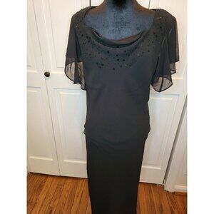 Black Chiffon Beaded Maxi Dress Drape Neck 16P Whimsygoth Glam Goth Party Formal